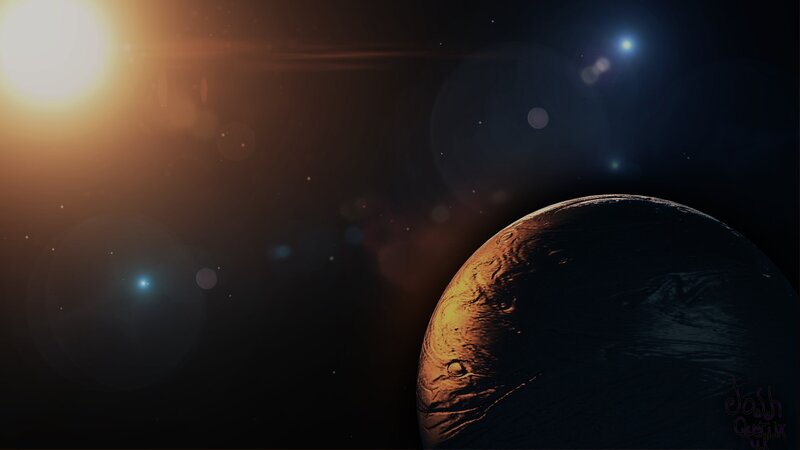 Planet in Space — Black, Dramatic, Digital Art, Star, Sun