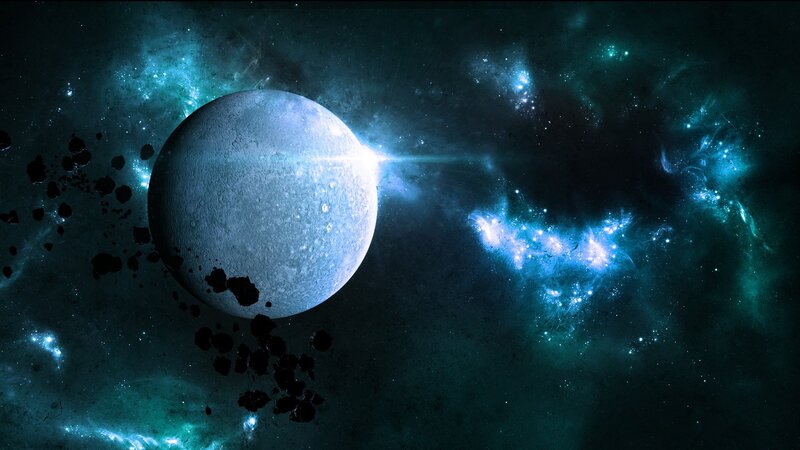 Planet in Space — Blue, Dramatic, Digital Art, Asteroids, Nebula, Stars
