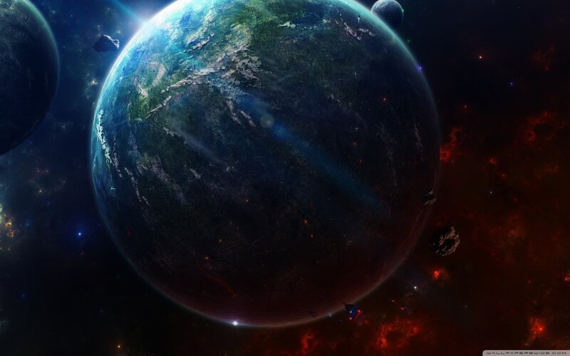Planet in Space — Blue, Dramatic, Digital Art, Asteroids, Spacecraft