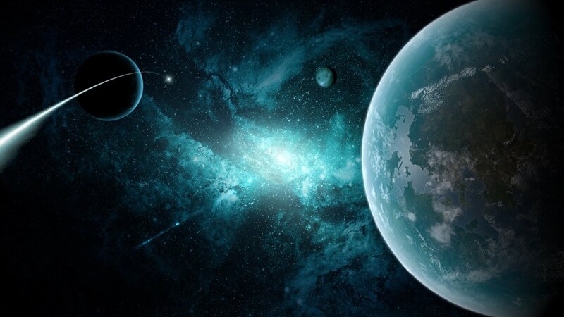 Planet in Space — Blue, Dramatic, Digital Art, Moon