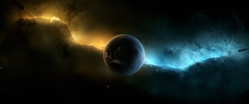 Planet in Space — Blue, Dramatic, Digital Art, Nebula, Stars, Moon