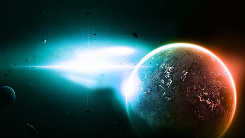 Planet in Space — Blue, Dramatic, Digital Art, Star, Asteroids