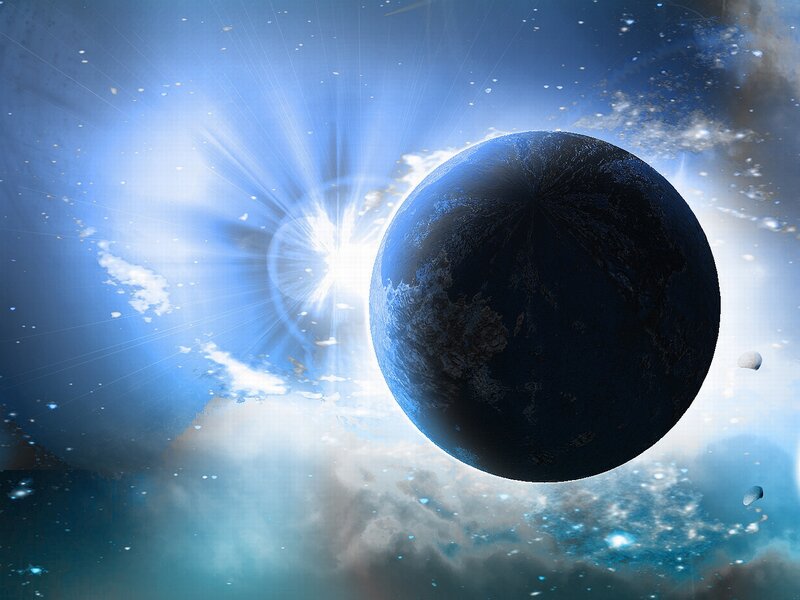 Planet in Space — Blue, Dramatic, Digital Art, Star, Clouds