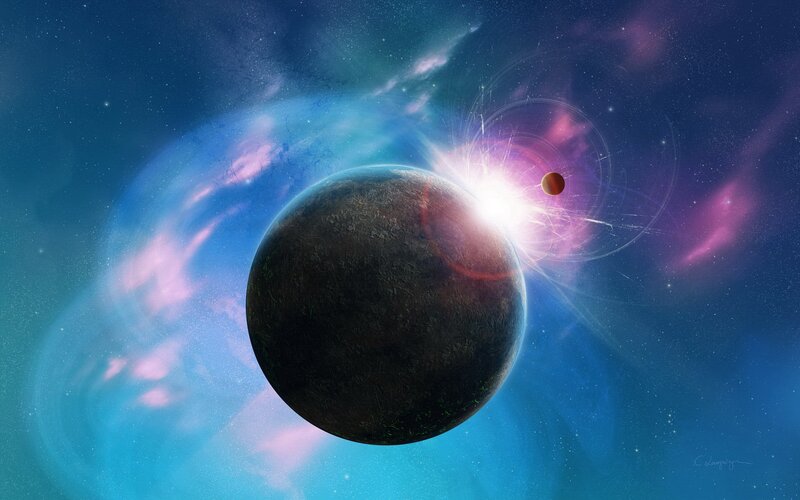 Planet in Space — Blue, Dramatic, Digital Art, Star, Nebula, Moon, Purple