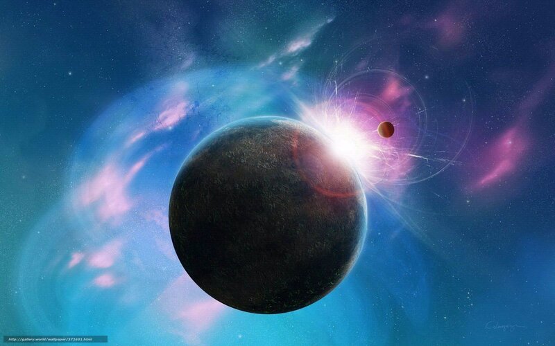 Planet in Space — Blue, Dramatic, Digital Art, Star, Nebula, Moon