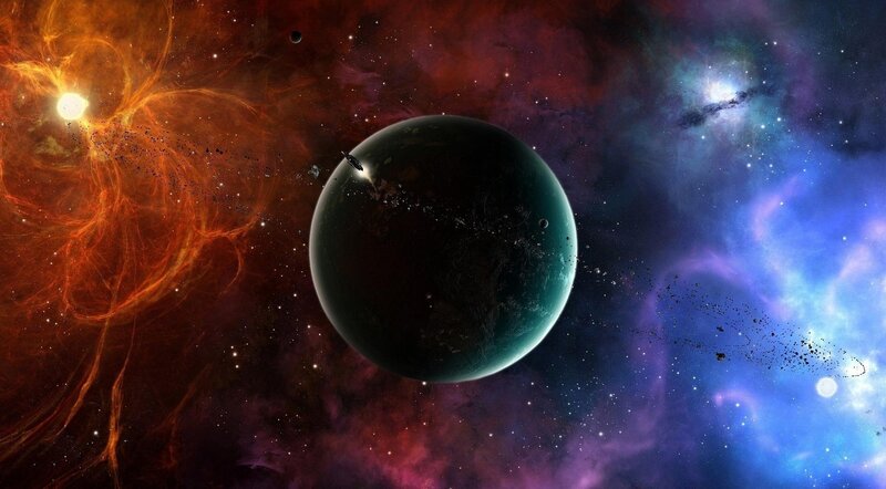 Planet in Space — Blue, Dramatic, Digital Art, Star, Nebula, Spaceship