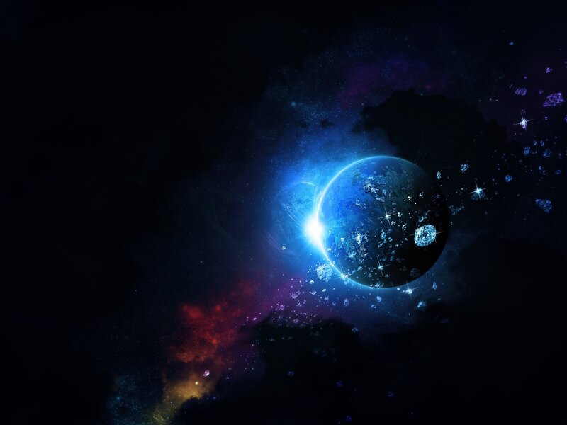 Planet in Space — Blue, Dramatic, Digital Art, Stars, Asteroids