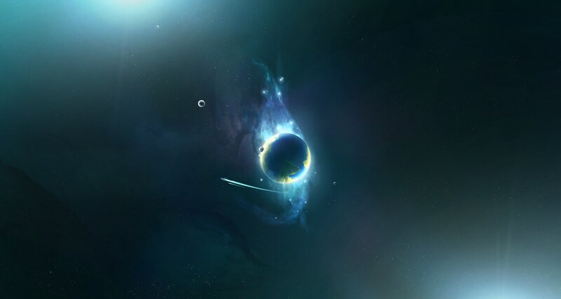 Planet in Space — Blue, Dramatic, Digital Art, Stars, Moon