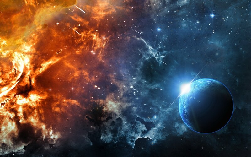 Planet in Space — Blue, Dramatic, Digital Art, Stars, Nebula, Meteor
