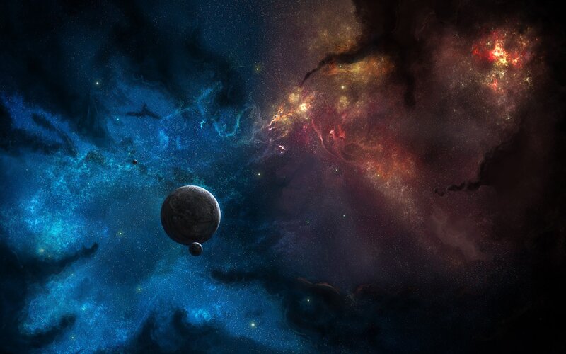 Planet in Space — Blue, Dramatic, Digital Art, Stars, Nebula, Moon, Black, Red