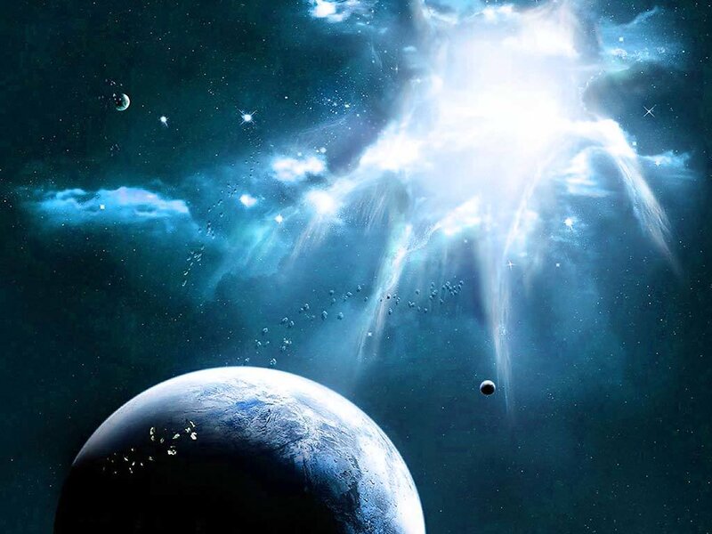 Planet in Space — Blue, Dramatic, Digital Art, Stars, Nebula, Moon, White, Black