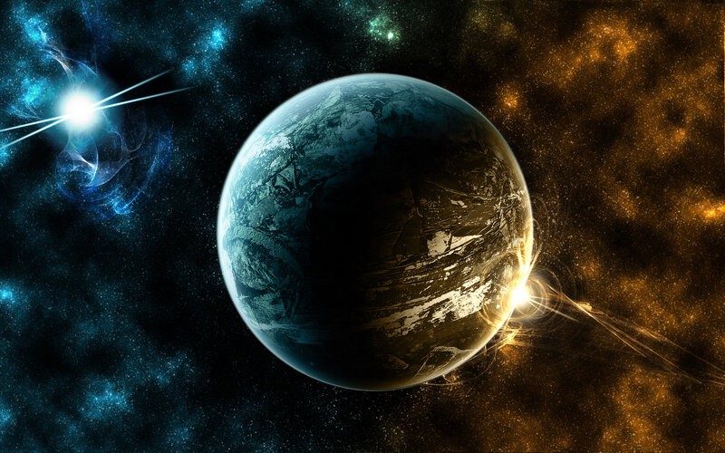Planet in Space — Blue, Dramatic, Digital Art, Stars, Nebula, Sun
