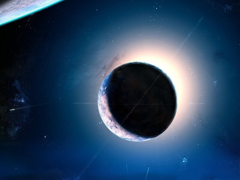 Planet in Space — Blue, Dramatic, Digital Art, Stars, Spacecraft, Sun