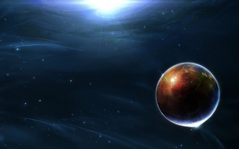 Planet in Space — Blue, Dramatic, Digital Art, Stars, Sun