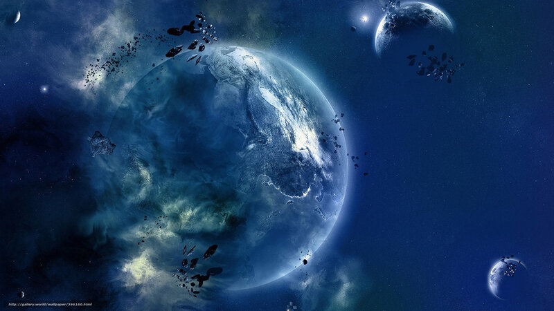 Planet in Space — Blue, Dramatic, Night, Digital Art, Asteroids