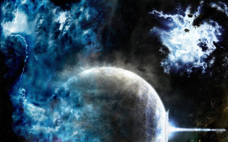 Planet in Space — Blue, Dramatic, Night, Digital Art, Nebula