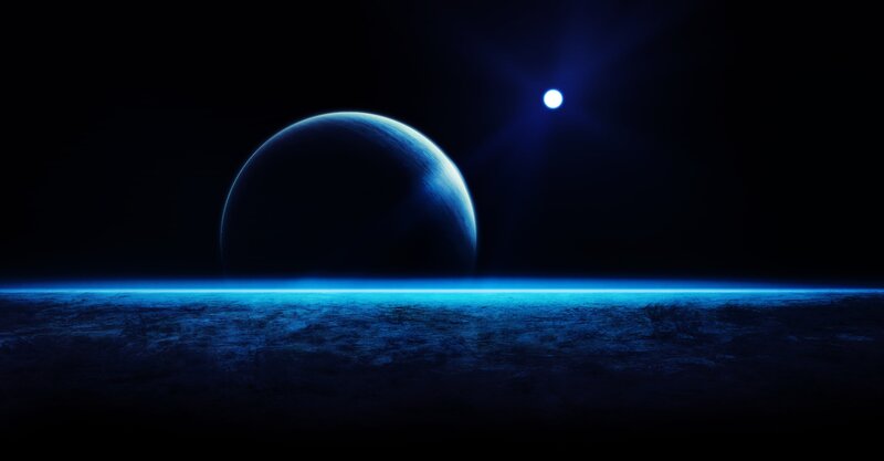 Planet in Space — Blue, Dramatic, Night, Digital Art, Star, Horizon