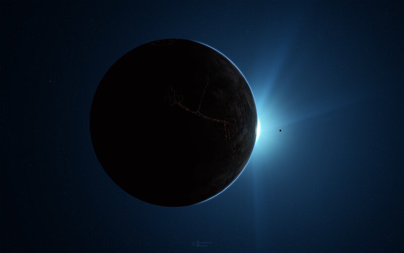 Planet in Space — Blue, Dramatic, Night, Digital Art, Star, Moon