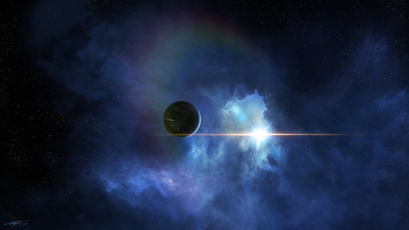 Planet in Space — Blue, Dramatic, Night, Digital Art, Star, Nebula, Black