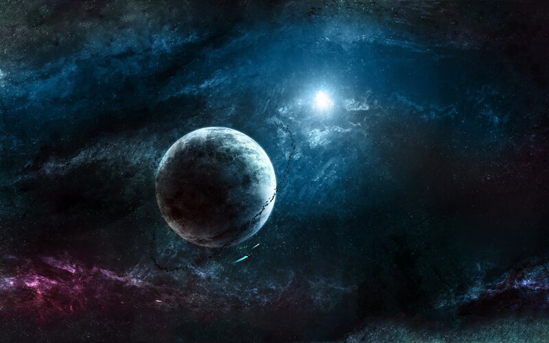 Planet in Space — Blue, Dramatic, Night, Digital Art, Star, Nebula, Spacecraft, Black