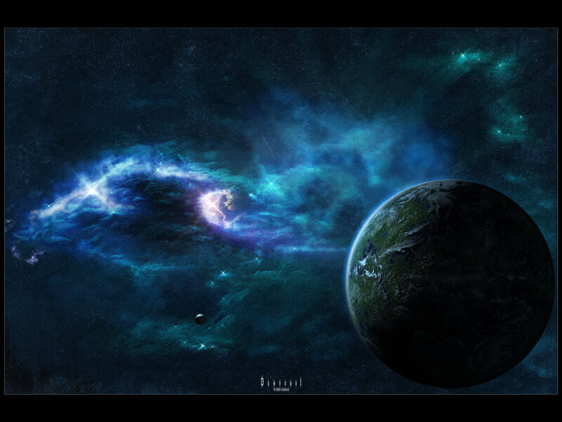 Planet in Space — Blue, Dramatic, Night, Digital Art, Star, Nebula