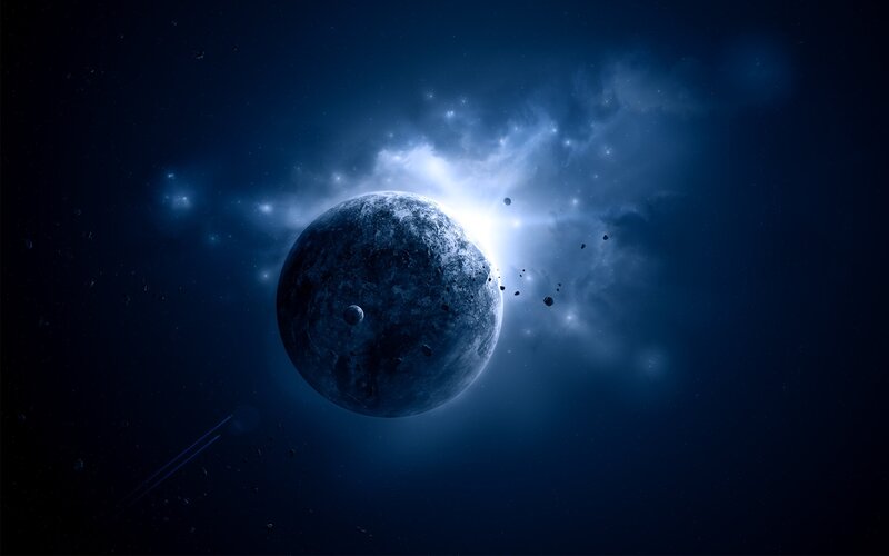Planet in Space — Blue, Dramatic, Night, Digital Art, Stars, Asteroids, Nebula