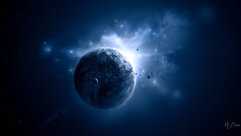 Planet in Space — Blue, Dramatic, Night, Digital Art, Stars, Asteroids