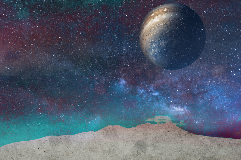 Planet in Space — Blue, Dramatic, Night, Digital Art, Stars, Galaxy, Mountain
