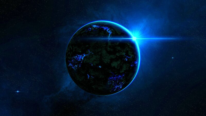 Planet in Space — Blue, Dramatic, Night, Digital Art, Stars, Light Beam