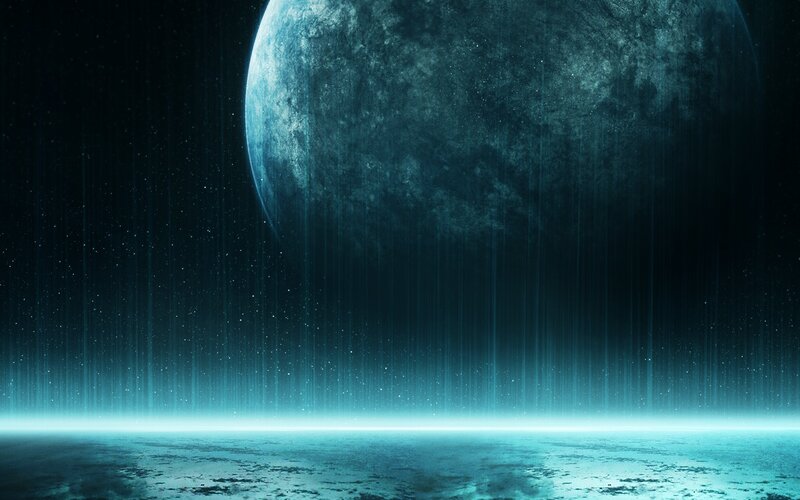 Planet in Space — Blue, Dramatic, Night, Digital Art, Stars, Moon