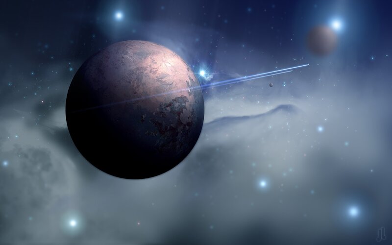 Planet in Space — Blue, Dramatic, Night, Digital Art, Stars, Nebula, Spacecraft