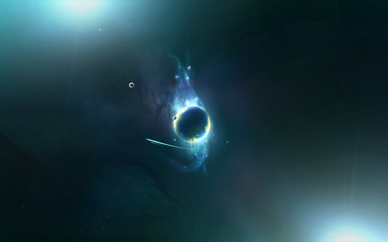 Planet in Space — Blue, Serene, Digital Art, Stars, Moon