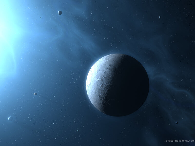 Planet in Space — Blue, Serene, Digital Art, Stars, Nebula, Moons