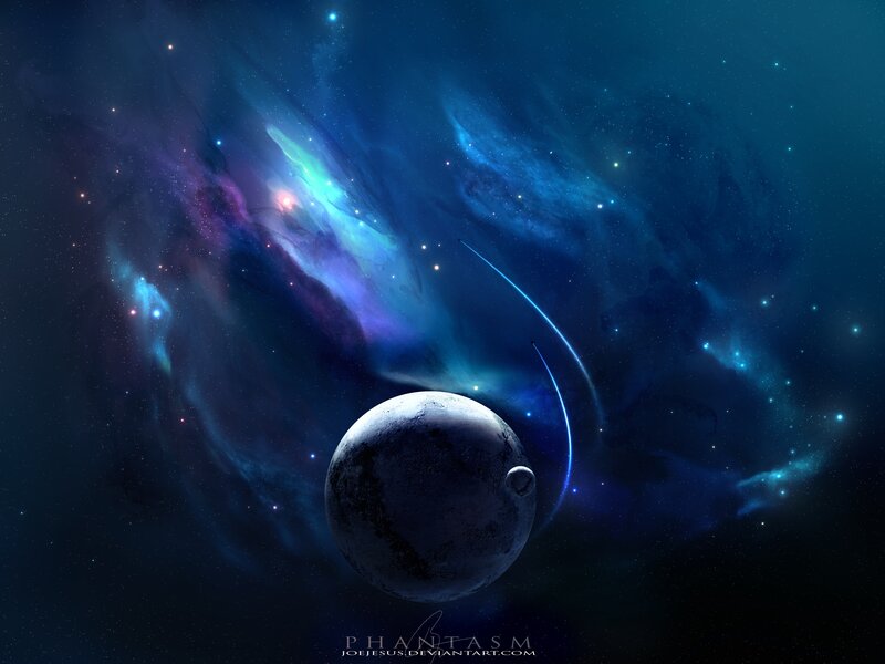 Planet in Space — Blue, Serene, Night, Digital Art, Nebula