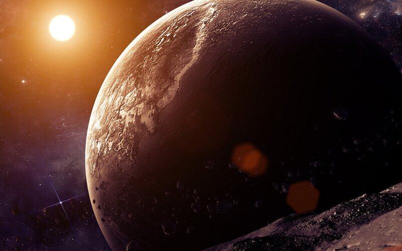 Planet in Space — Brown, Dramatic, Digital Art, Sun, Asteroids