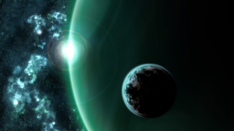 Planet in Space — Green, Dramatic, Digital Art, Star, Nebula, Moon
