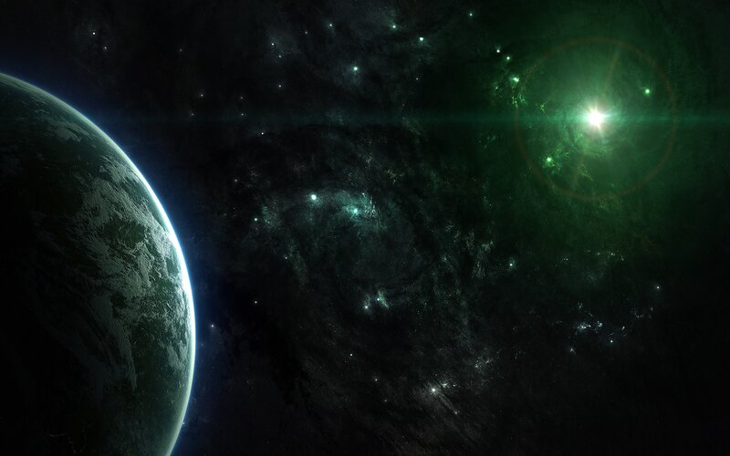 Planet in Space — Green, Dramatic, Digital Art, Stars