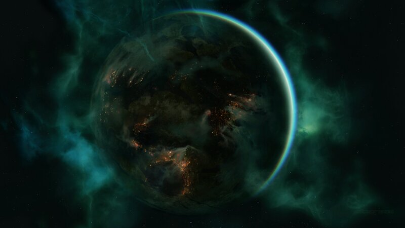 Planet in Space — Green, Dramatic, Night, Digital Art, Nebula