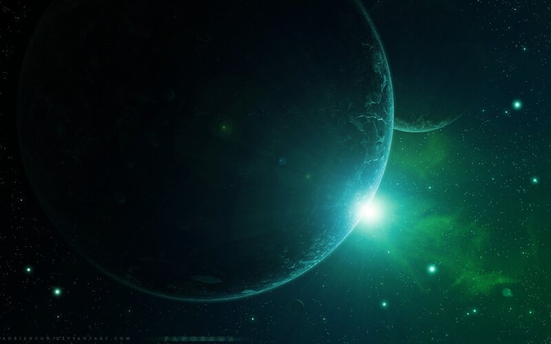 Planet in Space — Green, Dramatic, Night, Digital Art, Stars