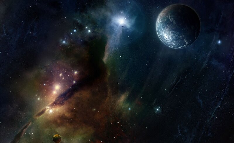 Planet in Space Nebula — Black, Dramatic, Night, Digital Art, Stars
