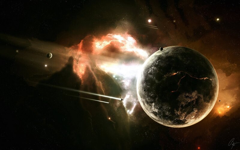 Planet in Space Nebula — Black, Dramatic, Night