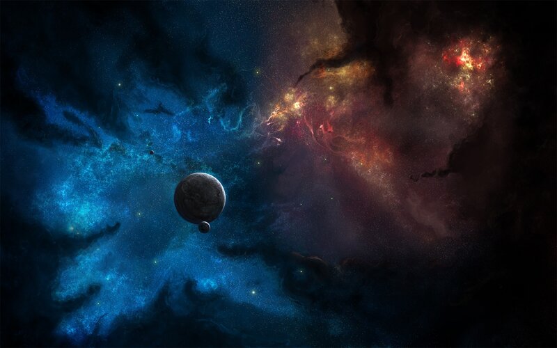 Planet in Space Nebula — Blue, Dramatic, Digital Art, Stars, Moon