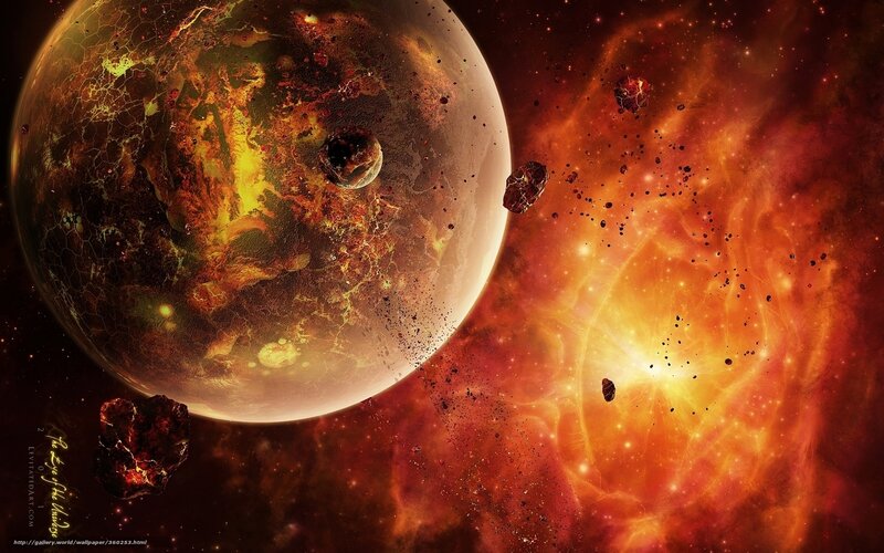 Planet in Space — Orange, Dramatic, Digital Art, Asteroids