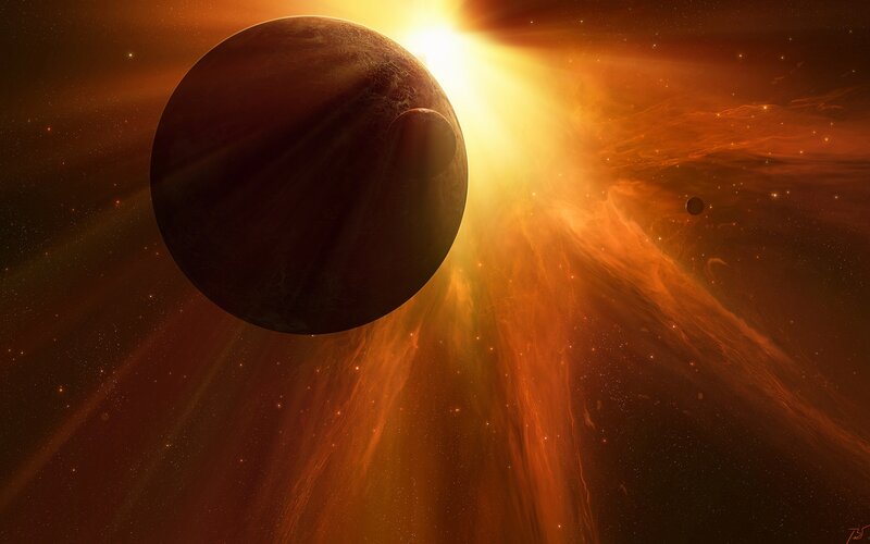 Planet in Space — Orange, Dramatic, Digital Art, Star, Moon, Nebula