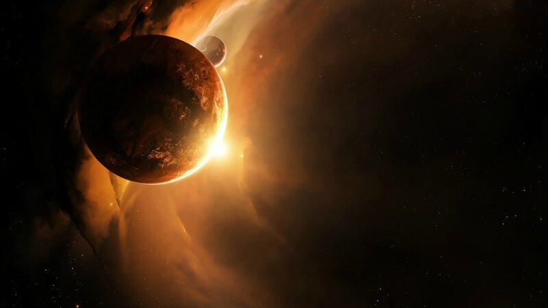 Planet in Space — Orange, Dramatic, Digital Art, Star, Moon