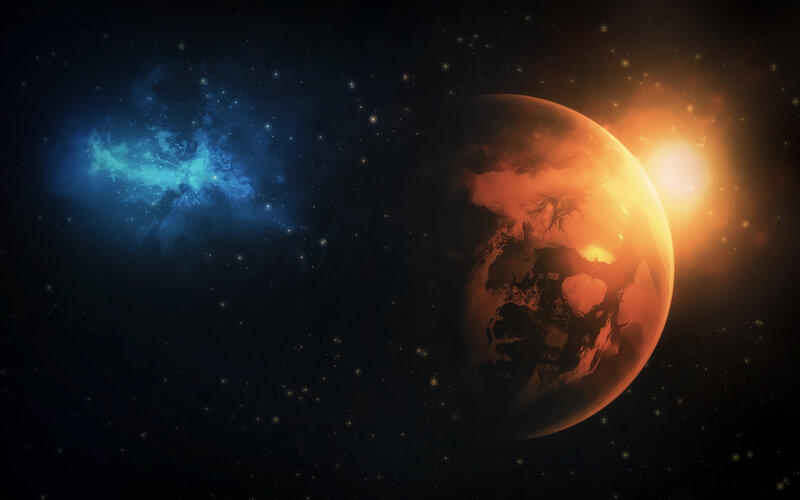 Planet in Space — Orange, Dramatic, Digital Art, Star, Nebula, Sun
