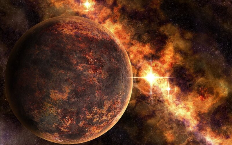 Planet in Space — Orange, Dramatic, Digital Art, Stars, Nebula