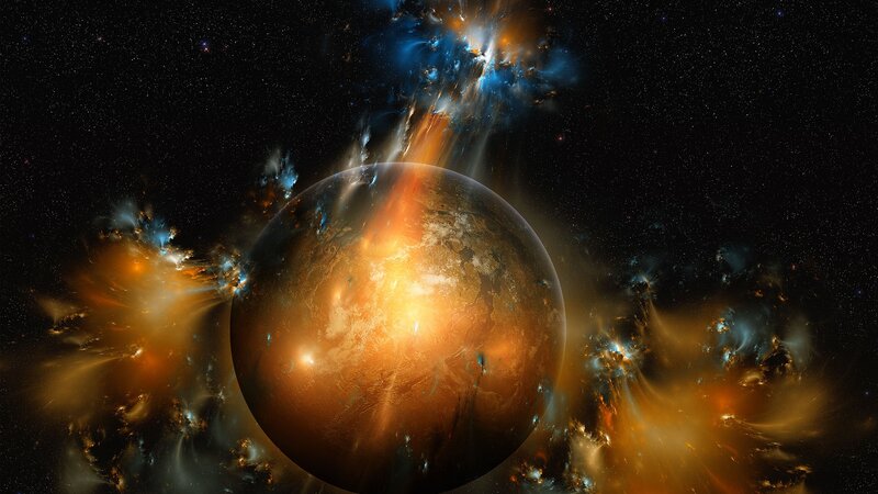Planet in Space — Orange, Dramatic, Digital Art, Stars