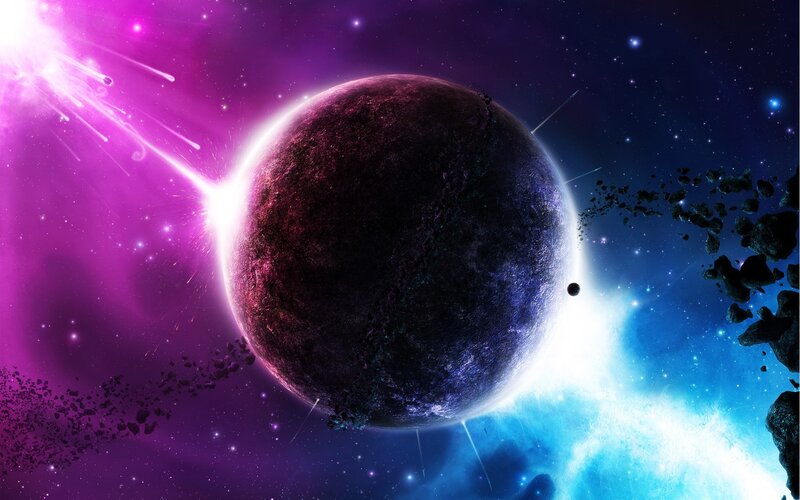 Planet in Space — Purple, Dramatic, Digital Art, Asteroids, Stars, Nebula