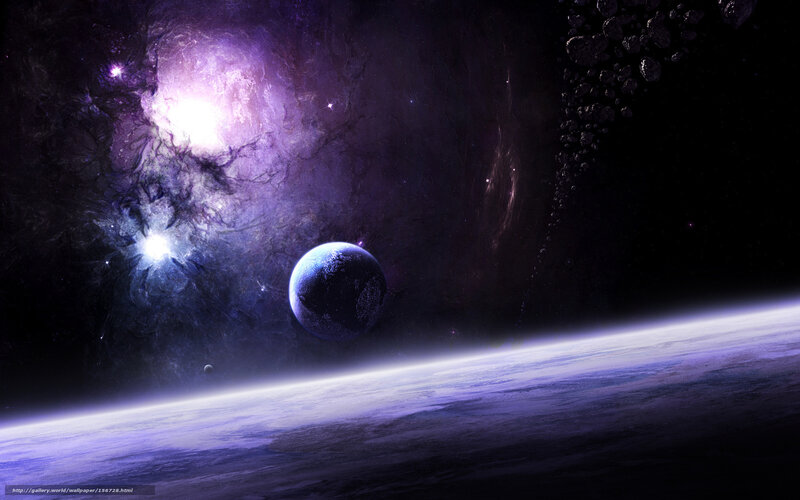 Planet in Space — Purple, Dramatic, Night, Digital Art, Nebula, Asteroids